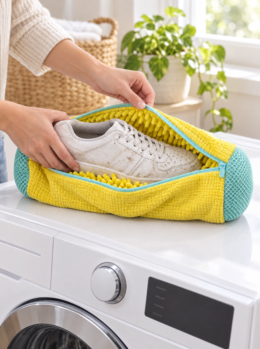 Des mains glissent une basket blanche dans le SneakCare ouvert, posé sur une machine à laver
