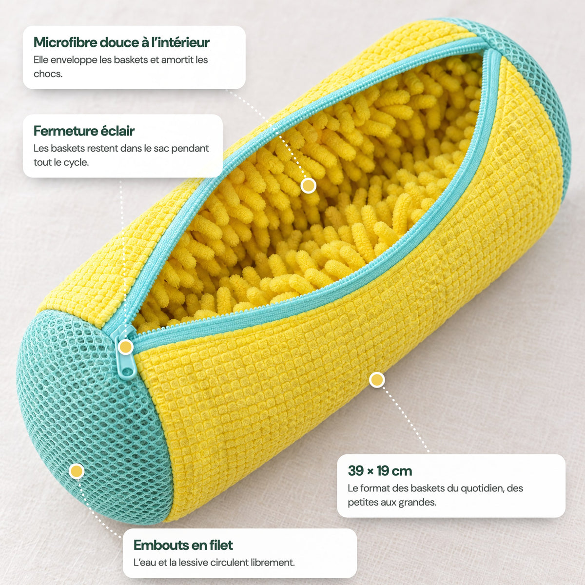 Le SneakCare ouvert : microfibre douce à l'intérieur, fermeture éclair, embouts en filet, 39 × 19 cm