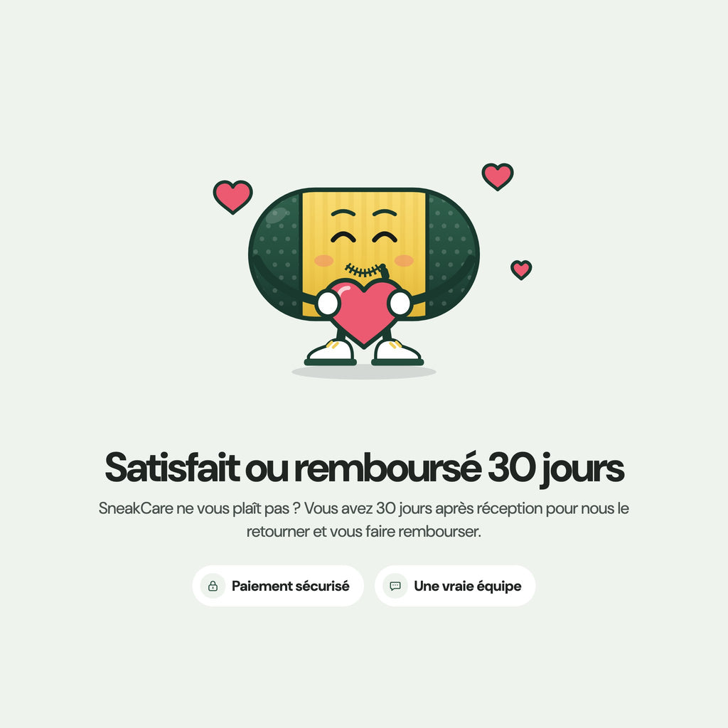 La mascotte SneakCare serre un cœur : satisfait ou remboursé 30 jours